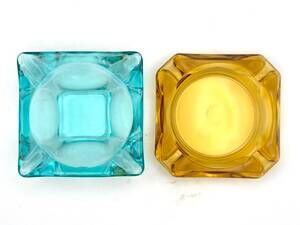 Vintage Aqua Blue Amber Square Glass Ashtrays Set of 2